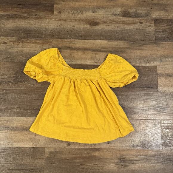 Lucky Brand Yellow Short Puff Sleeves Solid Blouse Size S Smocked Lace Eyelet - Picture 1 of 7
